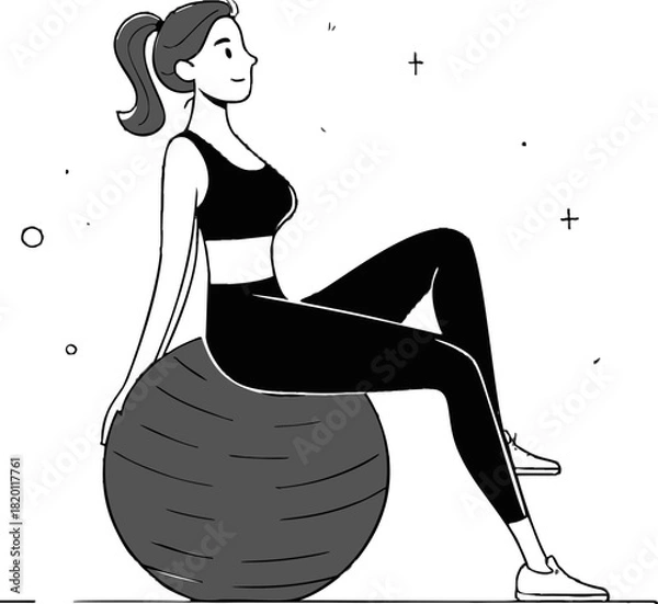 Obraz Woman sitting on exercise ball, hand drawn sketch, fitness and wellness. Vector illustration
