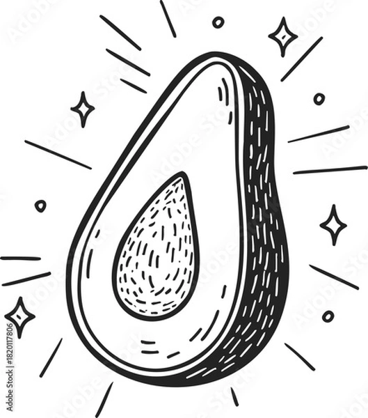 Fototapeta Avocado half sketch hand drawn with seed and decorative lines. Vector illustration