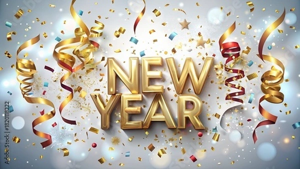 Fototapeta Celebrating New Year with Golden Confetti and Streamers a Festive Background for Holiday Greetings and Celebrations Two Hundred Characters
