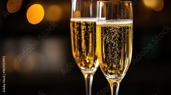 Fototapeta Two glasses of sparkling champagne with bubbles on a dark background