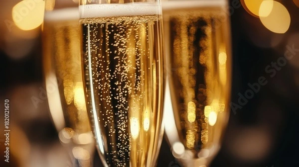 Obraz Closeup of sparkling champagne flutes with golden bubbles and festive bokeh lights