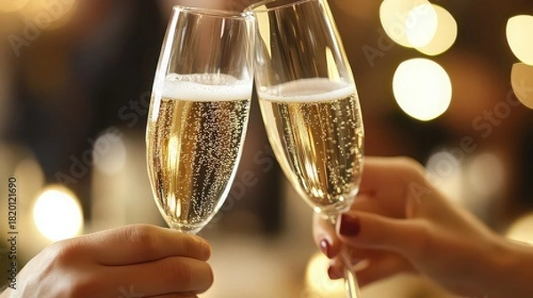 Fototapeta Two hands clinking champagne glasses in a festive celebration