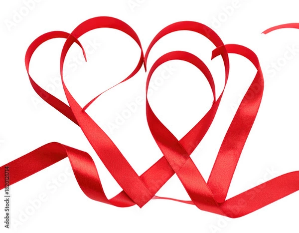 Fototapeta Two intertwined red ribbon hearts on black background, conveying love and connection