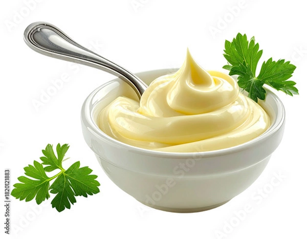 Fototapeta Creamy white sauce in bowl with spoon and parsley, against black background