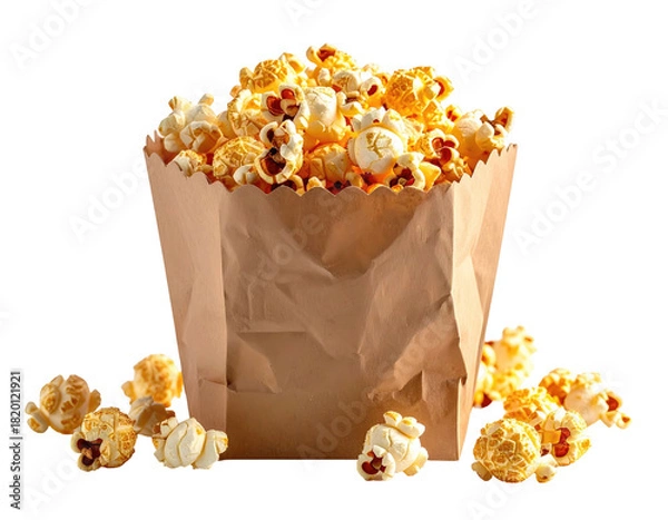 Fototapeta Freshly popped popcorn overflowing a brown paper bag, scattered below