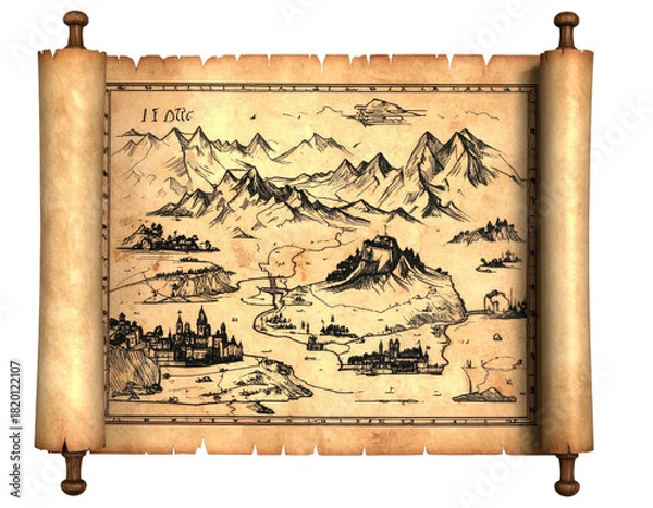 Fototapeta A detailed, antique map on a scroll, depicting mountains, towns, and waterways