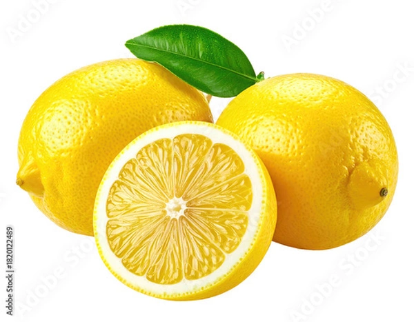 Fototapeta Vivid still life of three lemons, one sliced, with a green leaf against black