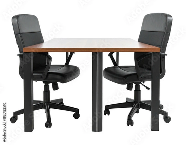 Fototapeta A simple, modern office setup two black chairs face each other at a wooden desk