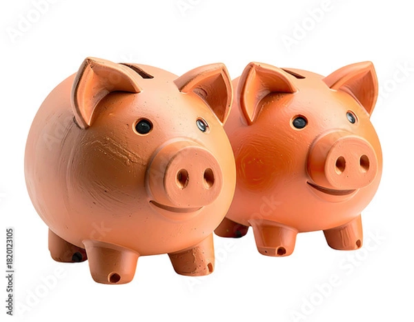 Fototapeta Two terracotta piggy banks, side by side, with slots for coins and smiling faces