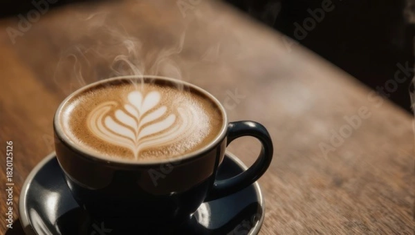 Obraz Steaming latte art in a dark blue mug on a wooden table