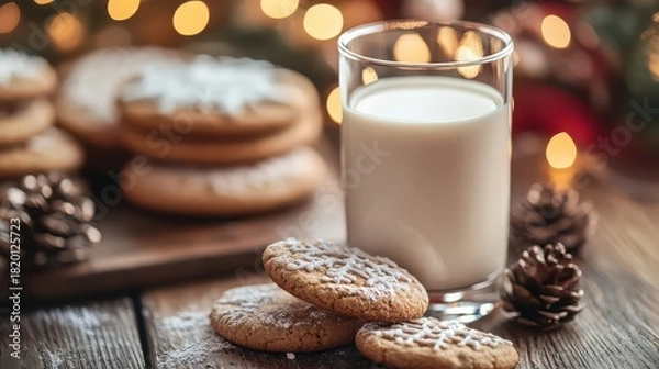 Fototapeta Christmas milk and cookies on a rustic wooden table with festive lights