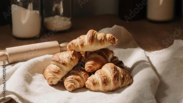 Obraz Stacked croissants on a linen cloth, with baking ingredients in the background