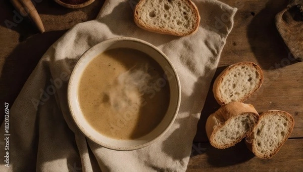 Obraz Creamy soup in a bowl, served with bread slices on a wooden table