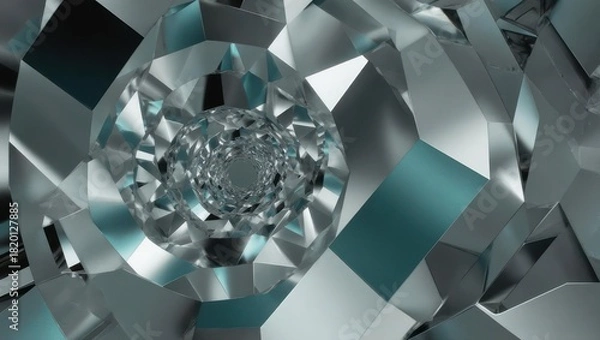 Obraz Abstract geometric shapes, metallic silver and teal colors, create a 3D tunnel effect, with a central vortex
