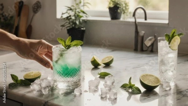 Obraz Close-up of a mint-green cocktail glass, garnished with fresh mint and ice, on a marble countertop with limes.  A hand reaches for the drink