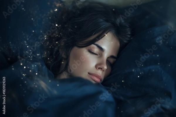 Fototapeta Close-up of a beautiful woman sleeping peacefully under a dark blue blanket with magical star dust. Concept for peaceful night, restorative sleep and serene dreams