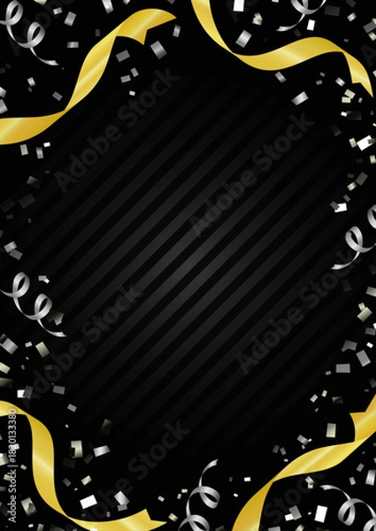 Obraz 黒と金のリボンと紙吹雪の高級感フレーム背景 | ベクター素材 縦 バナー ポスター カード