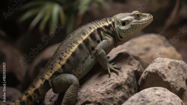 Obraz Close-up of a lizard on rocks. Lush foliage in background