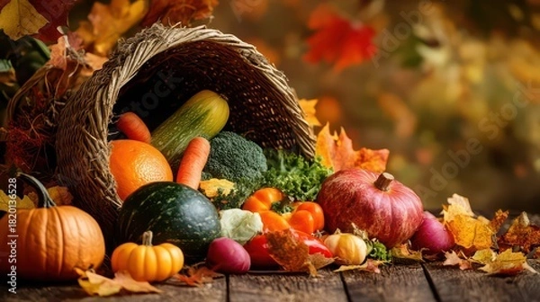 Fototapeta Autumn cornucopia overflowing with fresh harvest vegetables and fruits