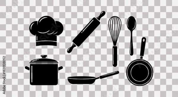 Obraz Black silhouette kitchen utensils and chef hat on transparent background
