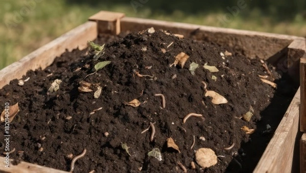Obraz Dark rich soil, piled high in a wooden planter box, filled with decomposing organic matter, and earthworms