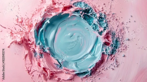 Fototapeta Top view of swirling pink and blue paint colliding, creating an artistic and colorful splash pattern.