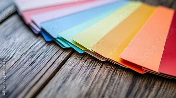 Fototapeta Spectrum of colorful paper swatches arranged on rustic wooden surface showing various hues and shades easily.