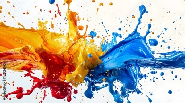 Fototapeta Vibrant blue and yellow paints collide in a dynamic splash against a clean bright white background image.