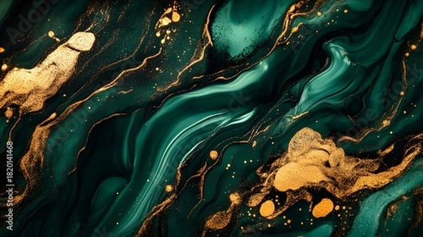 Fototapeta Abstract dark green fluid art background with gold glitter accents creating a luxurious marble texture.