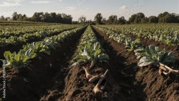 Obraz Rows of green leafy plants in dark soil.  Sunlight on the field