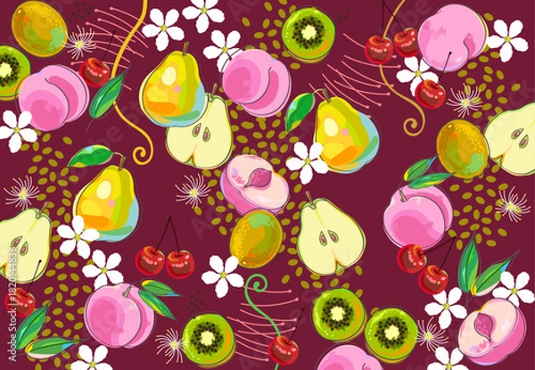 Obraz 桃と洋梨と桜桃とキウイのランダムパターンの壁紙