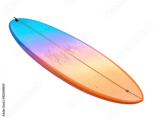 Fototapeta Long surfboard with gradient color scheme against black background, top view