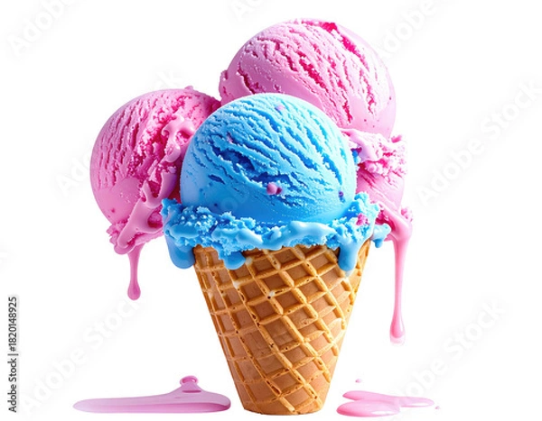 Obraz Three colorful ice cream scoops cascading over a waffle cone, black background