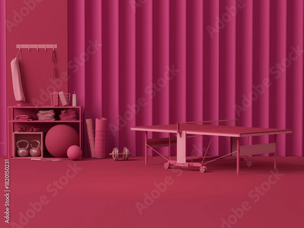 Obraz Viva magenta is a trend colour year in sport fitness equipment. Yoga mat, table tennis, Kettlebell on dark pink background. Trendy 3d render for lifting in the gym, home.