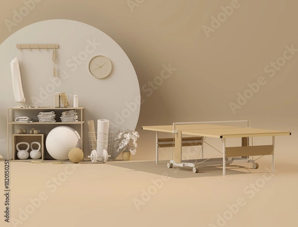 Obraz Sport fitness equipment, yoga mat, Kettlebell, dumbbells, table tennis on pastel beige yellow background. Trendy 3d render for fitness, lifting in the gym, gym at home.	
