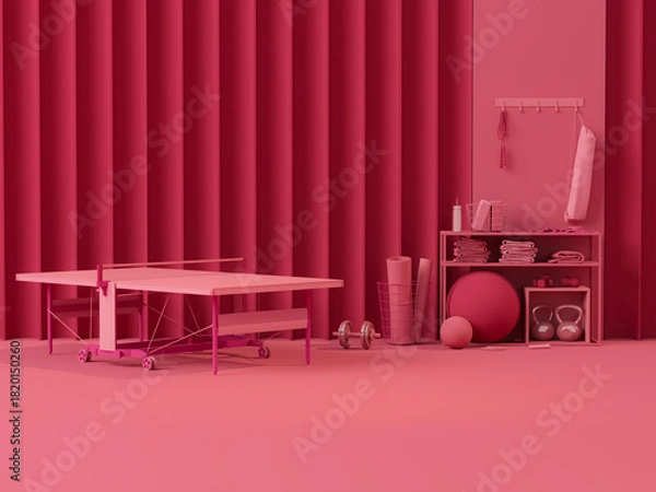 Obraz Viva magenta is a trend colour year in sport fitness equipment. Yoga mat, table tennis, Kettlebell on dark pink background. Trendy 3d render for lifting in the gym, home.