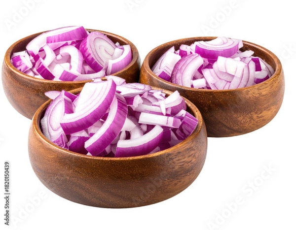 Fototapeta Three wooden bowls filled with vibrant, chopped red onions, ready for culinary use