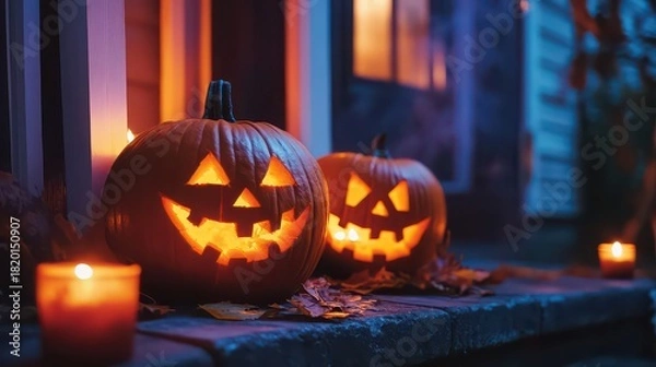 Fototapeta Glowing jackolanterns and candles illuminate a spooky halloween night