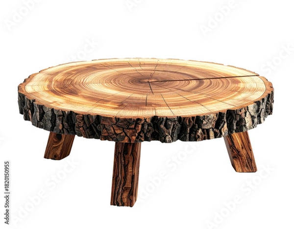 Fototapeta Rustic wooden side table, a tree slice, set on three legs, isolated on black