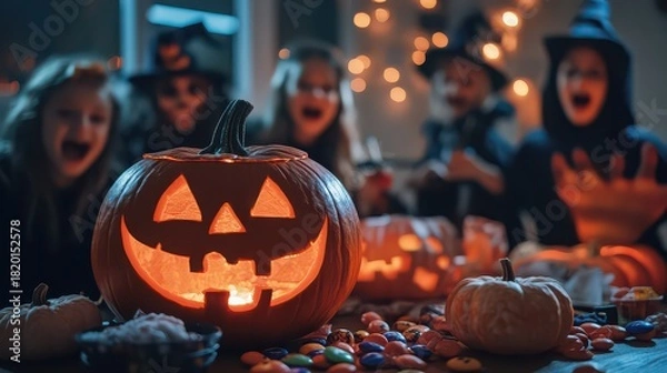 Fototapeta Excited children celebrating halloween with glowing jackolanterns and candy