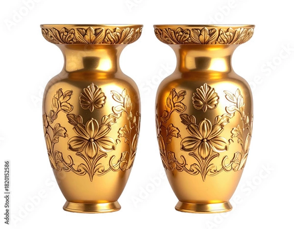 Fototapeta Two ornate, golden vases with floral and leaf relief patterns, glossy finish