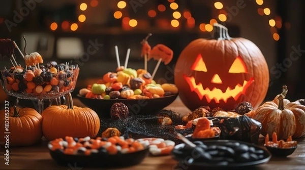 Obraz Spooky halloween table with glowing jackolantern and assorted candies