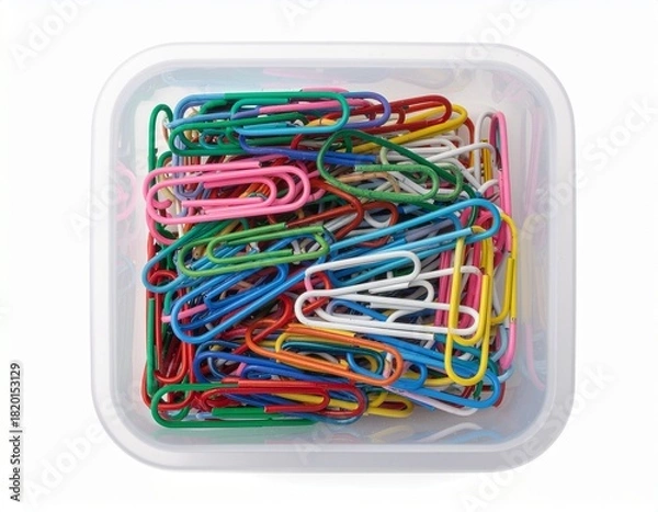 Obraz A container filled with colorful paper clips, viewed from above.