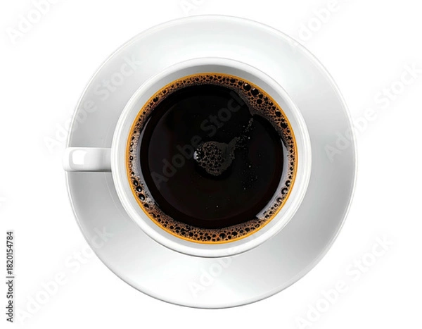 Fototapeta Overhead shot of a white coffee cup filled with rich, dark, and steaming liquid on saucer