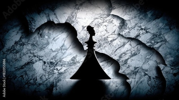 Fototapeta A striking silhouette of a queen chess piece stands against a textured, marbled wall. Dramatic lighting casts shadows and highlights, creating a moody and abstr