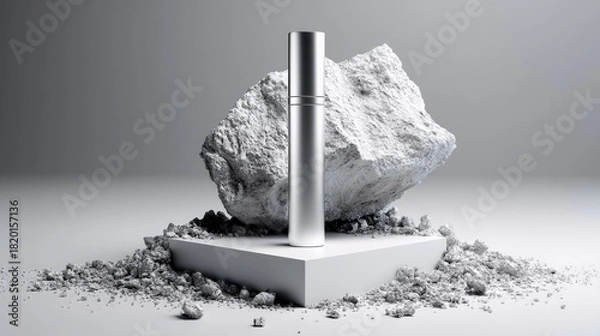 Fototapeta A sleek silver cosmetic bottle stands on a white geometric pedestal, surrounded by crushed white rock and stone fragments. The scene is illuminated by soft stud