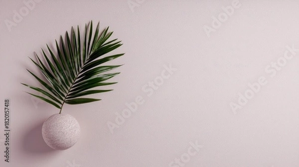 Fototapeta A single green palm leaf emerges from a textured, spherical vase, set against a soft, light pink background with subtle shadows. Minimalist, clean aesthetic.