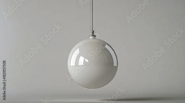Fototapeta A single, large, white, glossy glass sphere hangs suspended from a thin black cord against a neutral gray background. The sphere is perfectly round and reflects