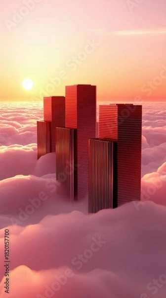 Fototapeta A surreal cityscape of modern skyscrapers rising from a sea of soft, pink clouds during a vibrant sunset, bathed in the warm glow of golden hour.