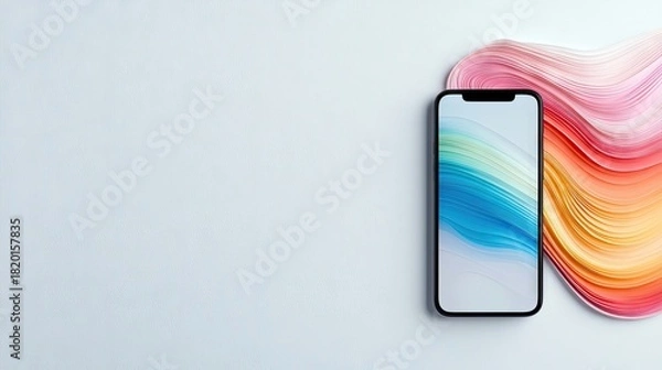 Fototapeta A modern smartphone is placed on a clean white surface, next to a dynamic swirl of colorful paper strips in shades of pink, orange, and blue. The screen display